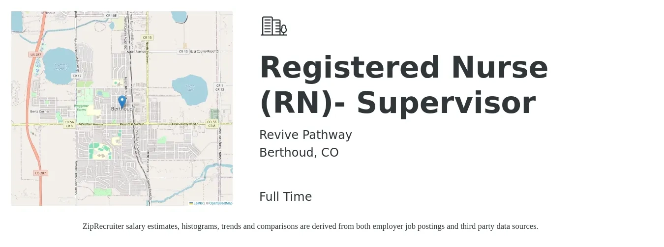 Revive Pathway job posting for a Registered Nurse (RN)- Supervisor in Berthoud, CO with a salary of $130,000 to $150,000 Yearly with a map of Berthoud location.