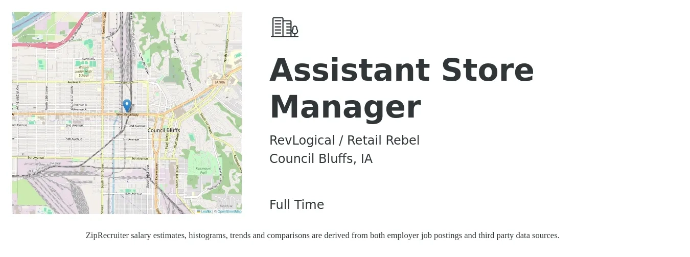 RevLogical / Retail Rebel job posting for a Assistant Store Manager in Council Bluffs, IA with a salary of $15 to $21 Hourly with a map of Council Bluffs location.
