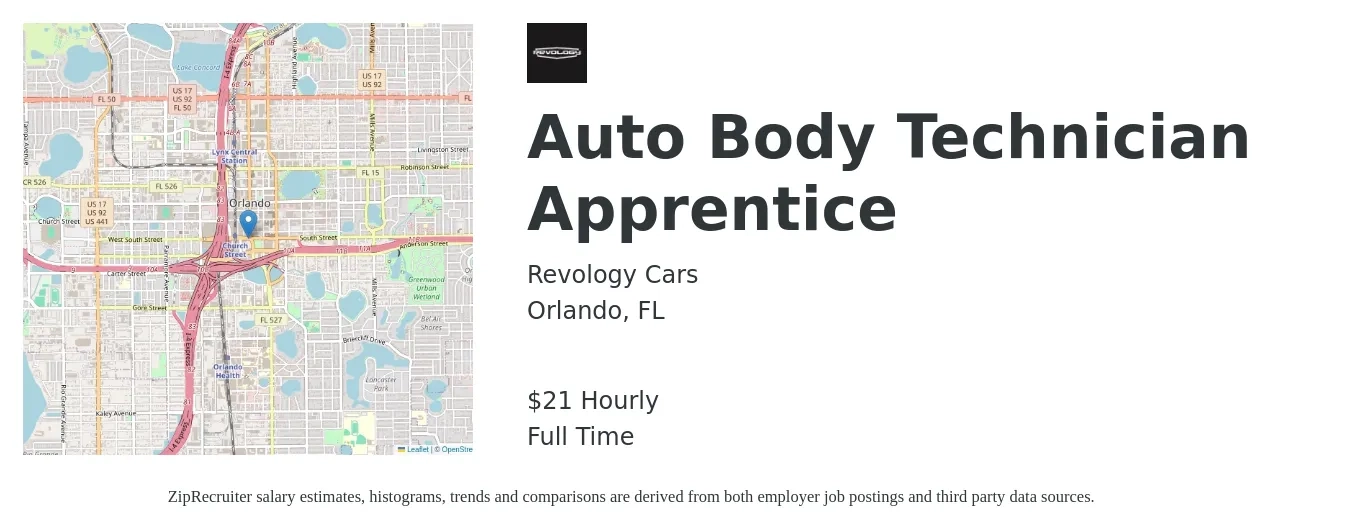 Revology Cars job posting for a Auto Body Technician Apprentice in Orlando, FL with a salary of $22 Hourly with a map of Orlando location.