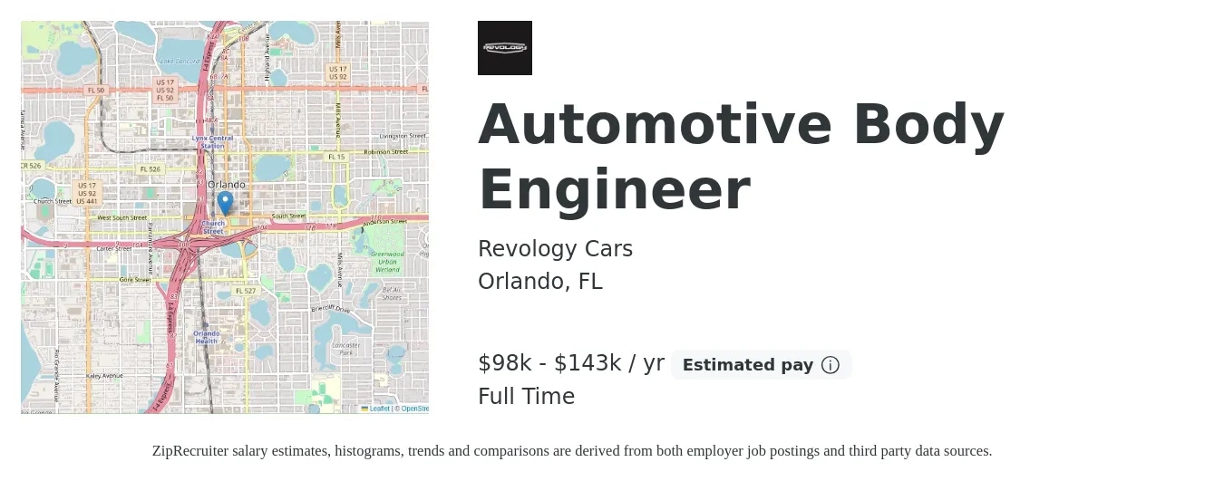 Revology Cars job posting for a Automotive Body Engineer in Orlando, FL with a salary of $30 to $34 Hourly with a map of Orlando location.