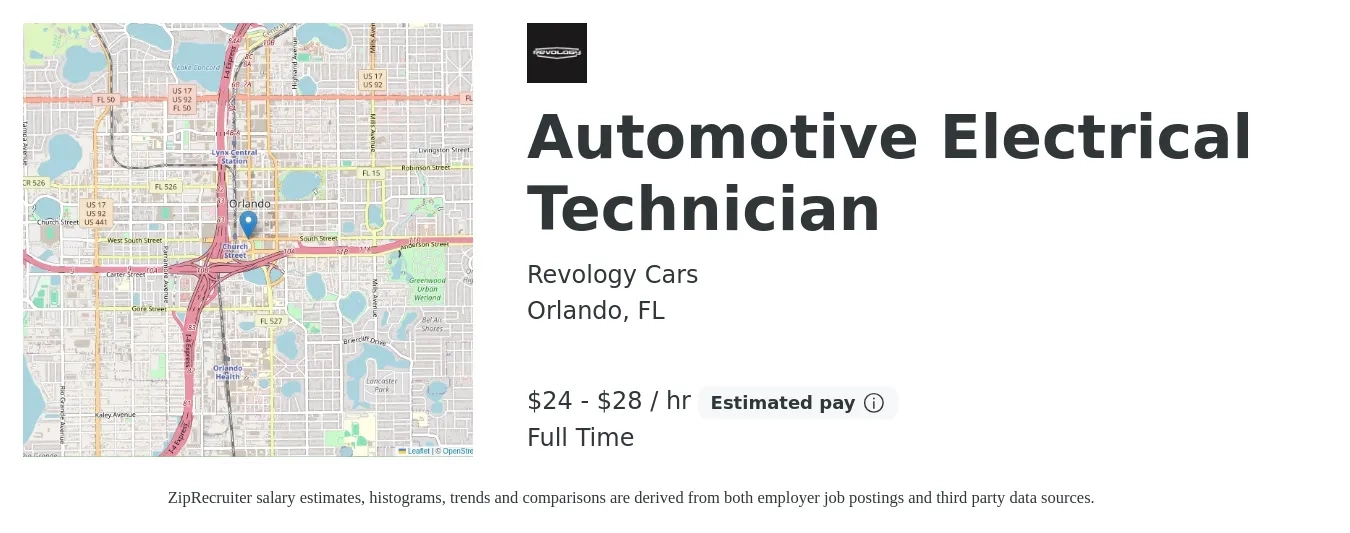 Revology Cars job posting for a Automotive Electrical Technician in Orlando, FL with a salary of $25 to $30 Hourly with a map of Orlando location.