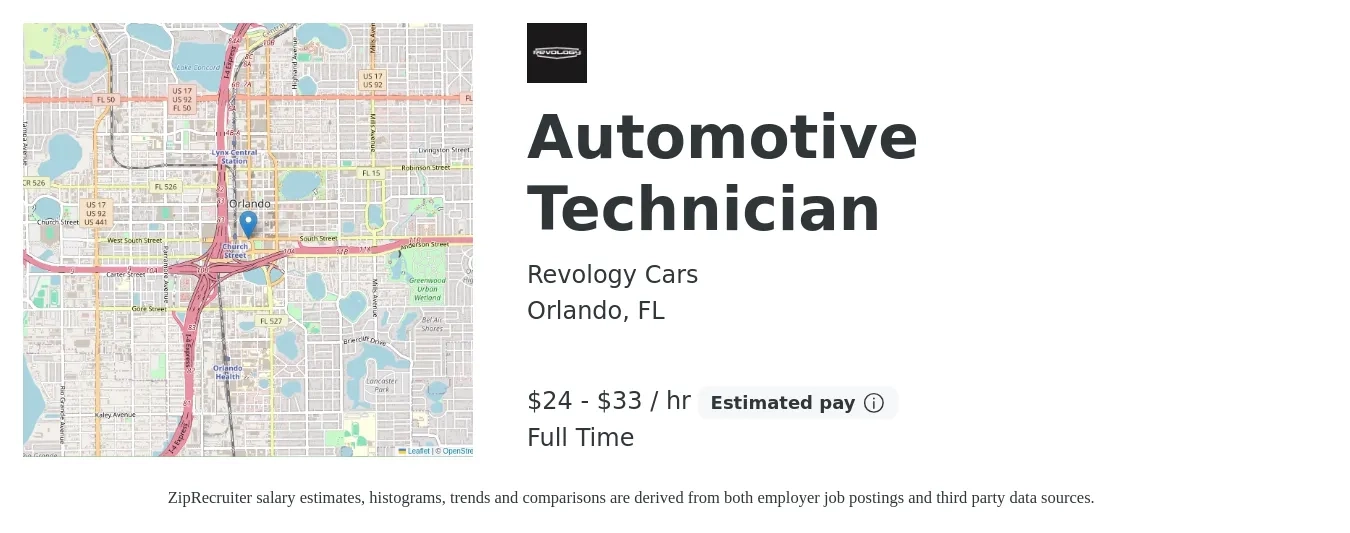Revology Cars job posting for a Automotive Technician in Orlando, FL with a salary of $25 to $33 Hourly with a map of Orlando location.