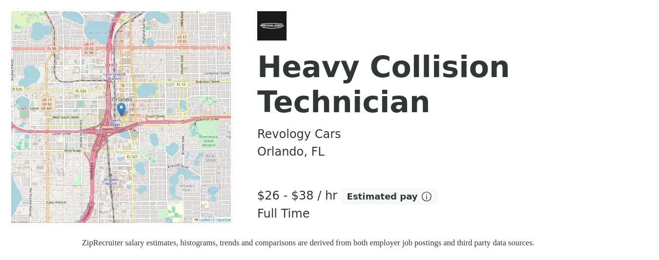 Revology Cars job posting for a Heavy Collision Technician in Orlando, FL with a salary of $28 to $40 Hourly with a map of Orlando location.