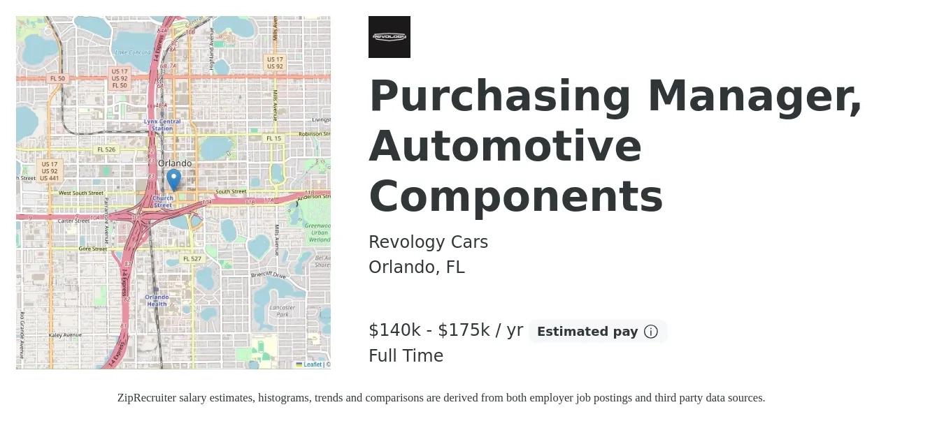 Revology Cars job posting for a Purchasing Manager, Automotive Components in Orlando, FL with a salary of $140,000 to $175,000 Yearly with a map of Orlando location.