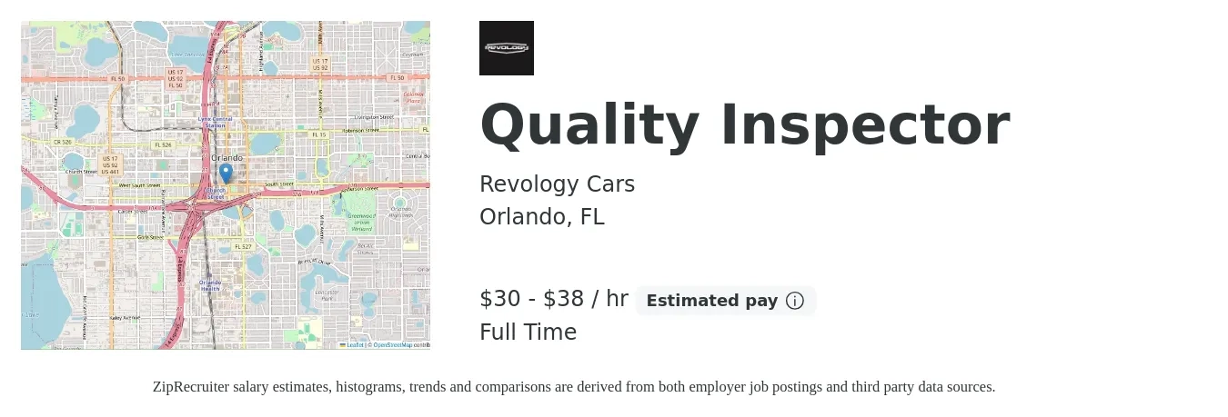 Revology Cars job posting for a Quality Inspector in Orlando, FL with a salary of $32 to $40 Hourly with a map of Orlando location.