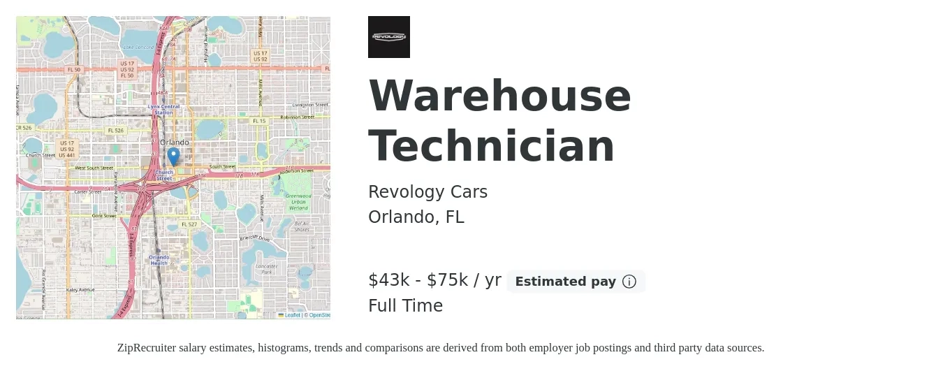 Revology Cars job posting for a Warehouse Technician in Orlando, FL with a salary of $43,680 to $75,392 Yearly with a map of Orlando location.