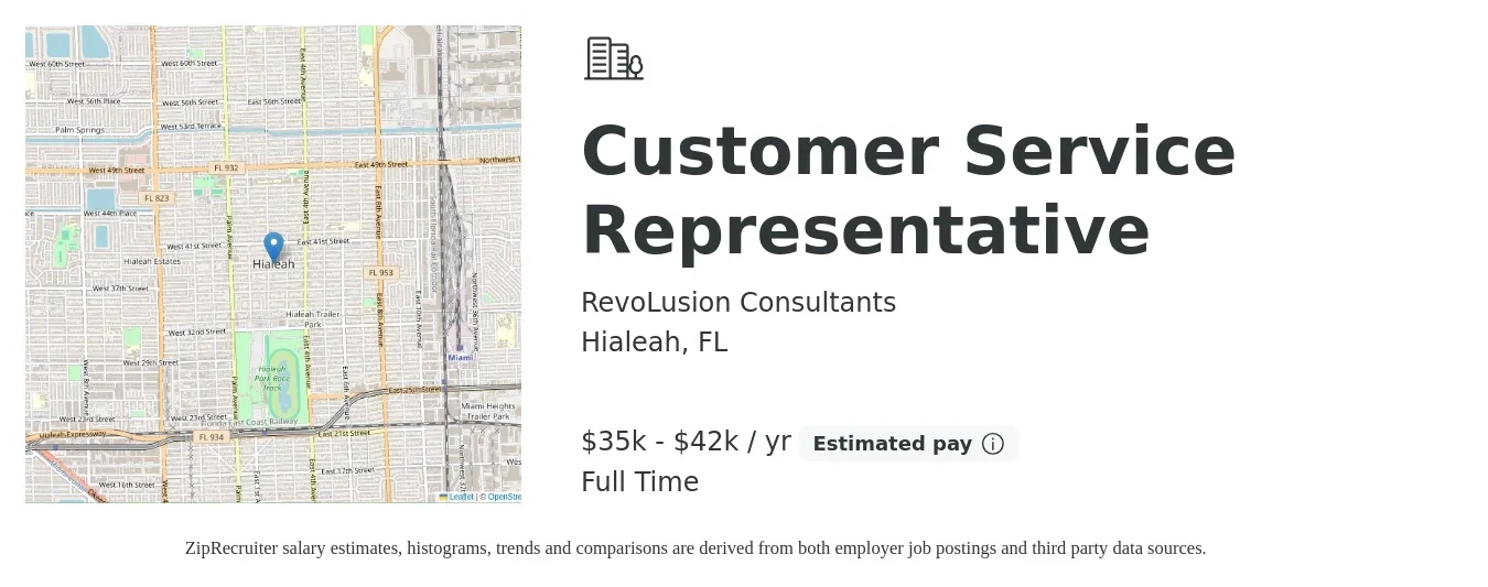 RevoLusion Consultants job posting for a Customer Service Representative in Hialeah, FL with a salary of $35,000 to $42,000 Yearly with a map of Hialeah location.
