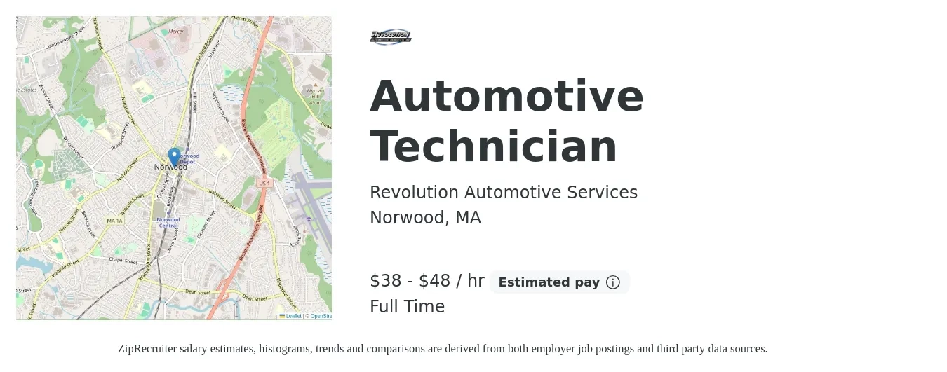 Revolution Automotive Services job posting for a Automotive Technician in Norwood, MA with a salary of $40 to $50 Hourly with a map of Norwood location.