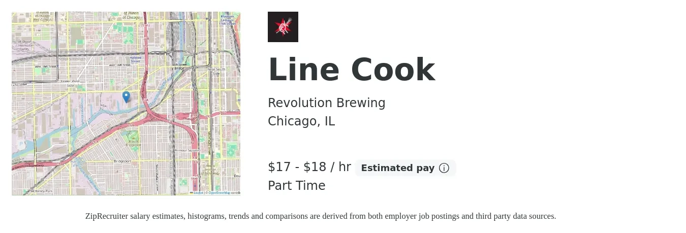 Revolution Brewing job posting for a Line Cook in Chicago, IL with a salary of $18 to $19 Hourly with a map of Chicago location.