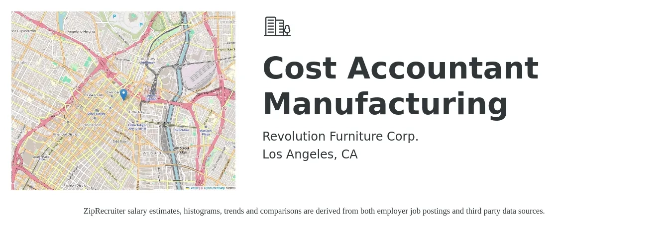 Revolution Furniture Corp job posting for a Cost Accountant Manufacturing in Los Angeles, CA with a salary of $70,600 to $94,300 Yearly with a map of Los Angeles location.