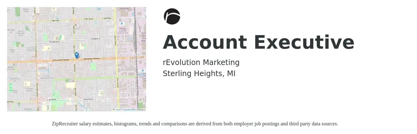 rEvolution Marketing job posting for a Account Executive in Sterling Heights, MI with a salary of $50,100 to $88,100 Yearly with a map of Sterling Heights location.
