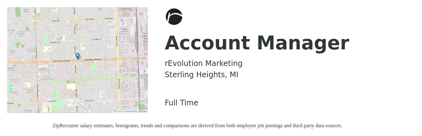 rEvolution Marketing job posting for a Account Manager in Sterling Heights, MI with a salary of $44,500 to $72,800 Yearly with a map of Sterling Heights location.