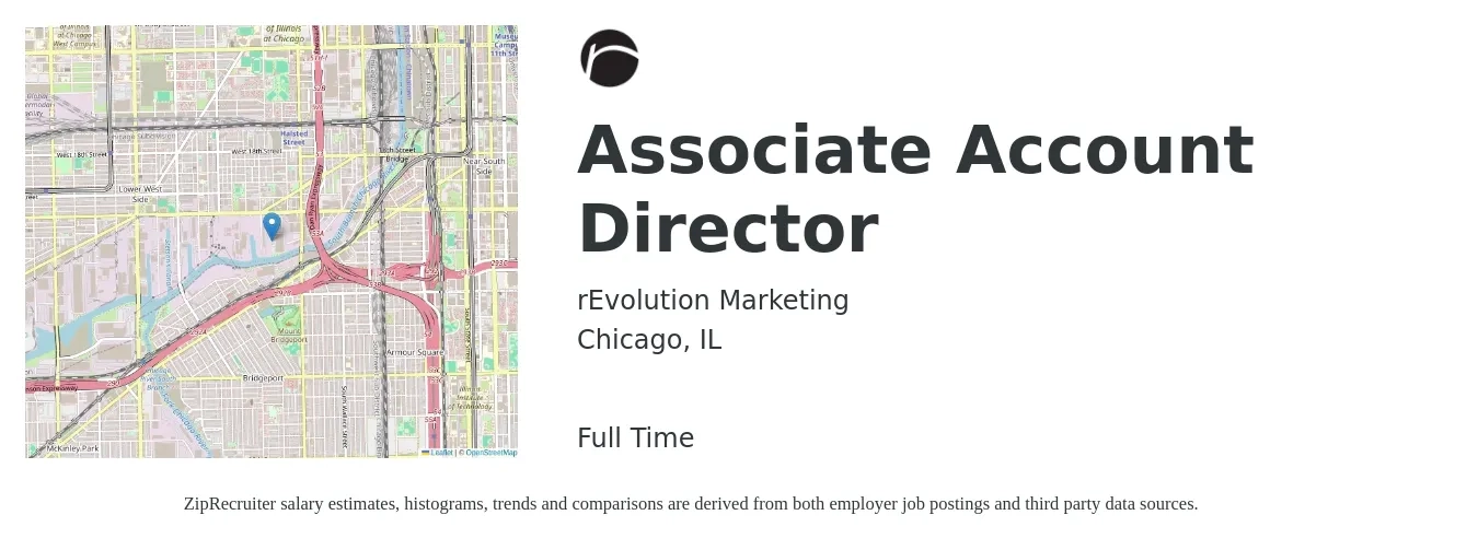rEvolution Marketing job posting for a Associate Account Director in Chicago, IL with a salary of $87,500 to $112,300 Yearly with a map of Chicago location.