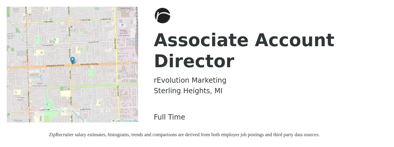 rEvolution Marketing job posting for a Associate Account Director in Sterling Heights, MI with a salary of $78,900 to $101,100 Yearly with a map of Sterling Heights location.
