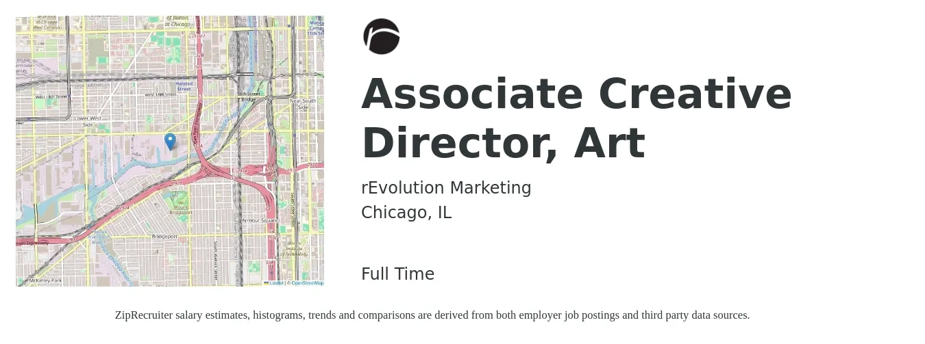 rEvolution Marketing job posting for a Associate Creative Director, Art in Chicago, IL with a salary of $79,800 to $141,600 Yearly with a map of Chicago location.