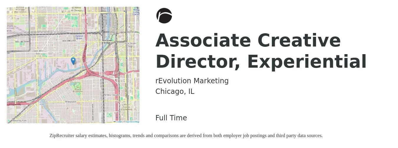 rEvolution Marketing job posting for a Associate Creative Director, Experiential in Chicago, IL with a salary of $76,200 to $157,600 Yearly with a map of Chicago location.
