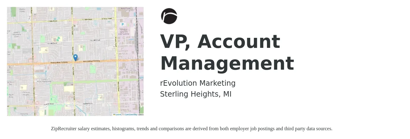 rEvolution Marketing job posting for a VP, Account Management in Sterling Heights, MI with a salary of $44,500 to $72,800 Yearly with a map of Sterling Heights location.