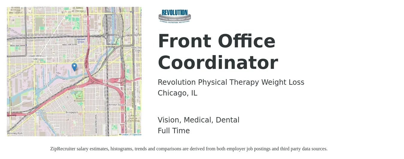 Revolution Physical Therapy Weight Loss job posting for a Front Office Coordinator in Chicago, IL with a salary of $17 to $22 Hourly and benefits including life_insurance, medical, retirement, vision, and dental with a map of Chicago location.