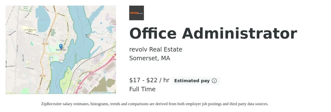 revolv Real Estate job posting for a Office Administrator in Somerset, MA with a salary of $18 to $23 Hourly and benefits including pto with a map of Somerset location.