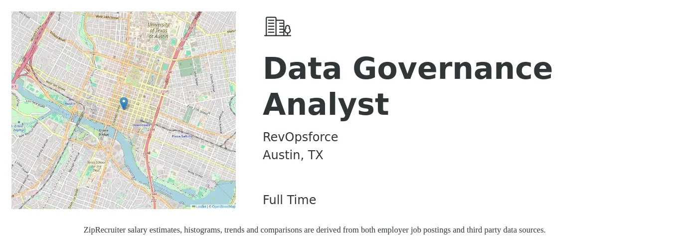 RevOpsforce job posting for a Data Governance Analyst in Austin, TX with a salary of $42 to $69 Hourly with a map of Austin location.