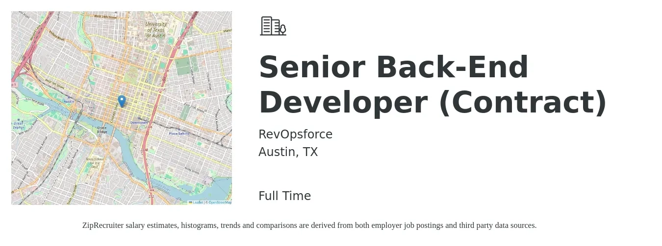 RevOpsforce job posting for a Senior Back-End Developer (Contract) in Austin, TX with a salary of $119,400 to $155,100 Yearly with a map of Austin location.