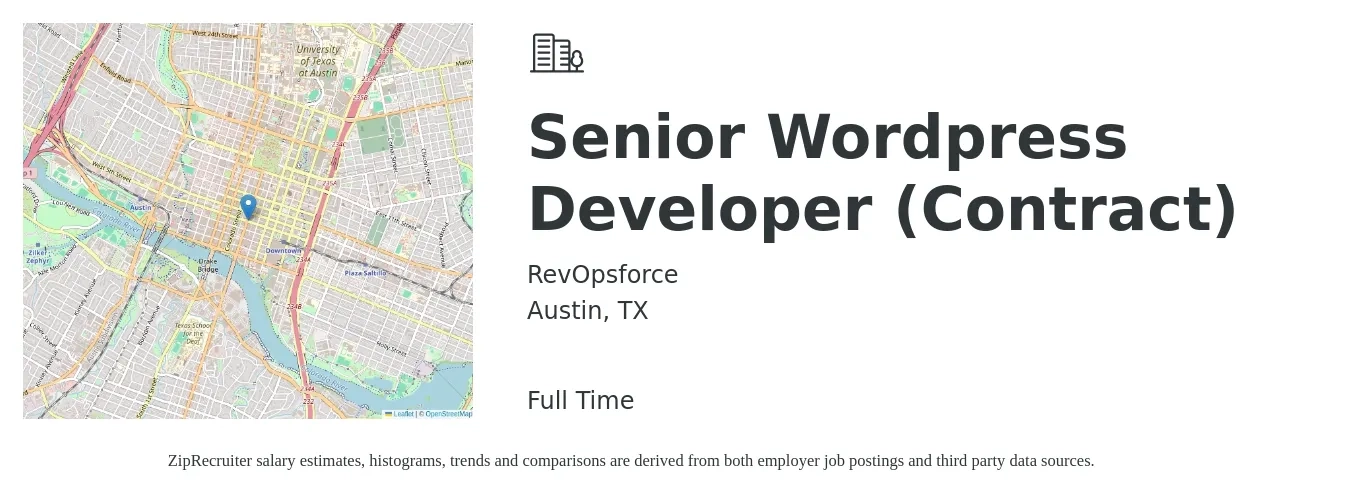 RevOpsforce job posting for a Senior Wordpress Developer (Contract) in Austin, TX with a salary of $54 to $71 Hourly with a map of Austin location.