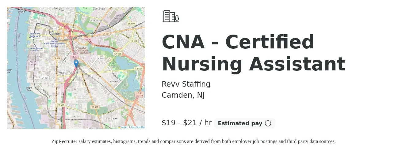 Revv Staffing job posting for a CNA - Certified Nursing Assistant in Camden, NJ with a salary of $20 to $22 Hourly with a map of Camden location.