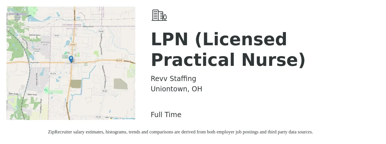 Revv Staffing job posting for a LPN (Licensed Practical Nurse) in Uniontown, OH with a salary of $33 to $36 Hourly with a map of Uniontown location.