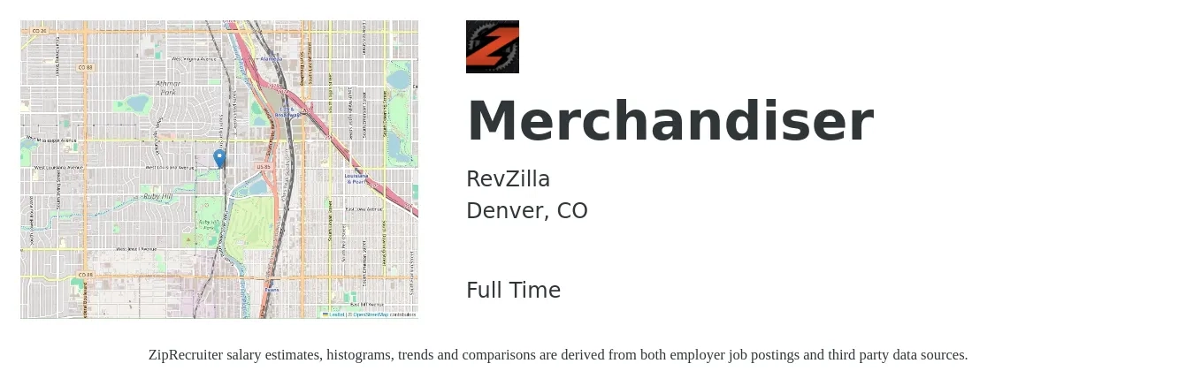 RevZilla job posting for a Merchandiser in Denver, CO with a salary of $20 to $21 Hourly with a map of Denver location.