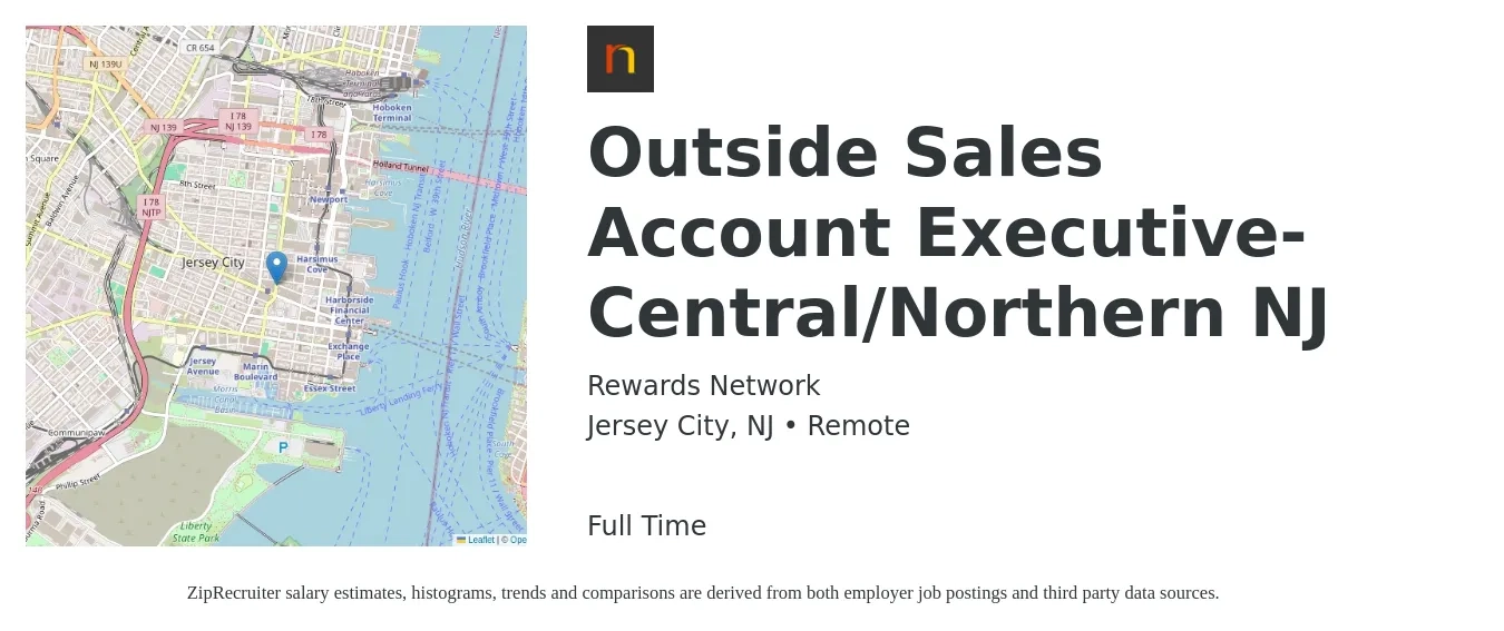 Rewards Network job posting for a Outside Sales Account Executive- Central/Northern NJ in Jersey City, NJ with a salary of $53,200 to $98,600 Yearly with a map of Jersey City location.