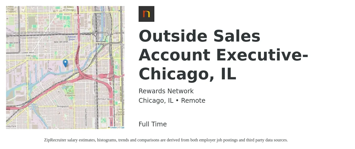 Rewards Network job posting for a Outside Sales Account Executive-Chicago, IL in Chicago, IL with a salary of $52,500 to $97,300 Yearly with a map of Chicago location.