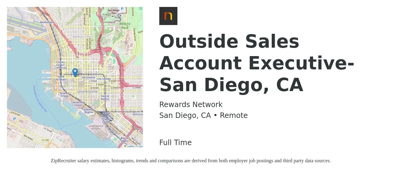 Rewards Network job posting for a Outside Sales Account Executive- San Diego, CA in San Diego, CA with a salary of $54,100 to $100,300 Yearly with a map of San Diego location.