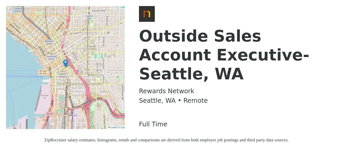 Rewards Network job posting for a Outside Sales Account Executive- Seattle, WA in Seattle, WA with a salary of $58,000 to $107,500 Yearly with a map of Seattle location.