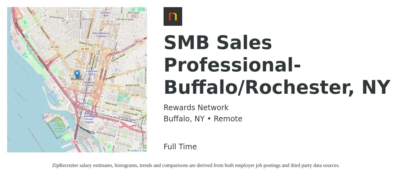 Rewards Network job posting for a SMB Sales Professional- Buffalo/Rochester, NY in Buffalo, NY with a salary of $50,900 to $87,200 Yearly with a map of Buffalo location.