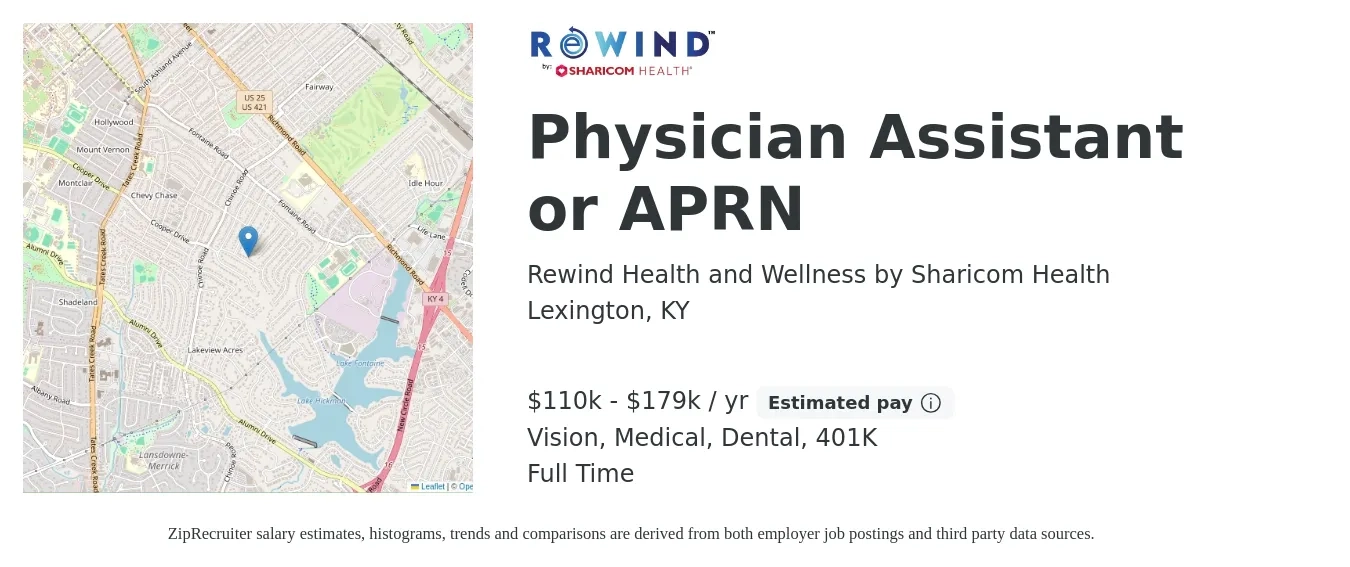 Rewind Health and Wellness by Sharicom Health job posting for a Physician Assistant or APRN in Lexington, KY with a salary of $110,000 to $179,500 Yearly (plus commission) and benefits including vision, 401k, dental, life_insurance, and medical with a map of Lexington location.