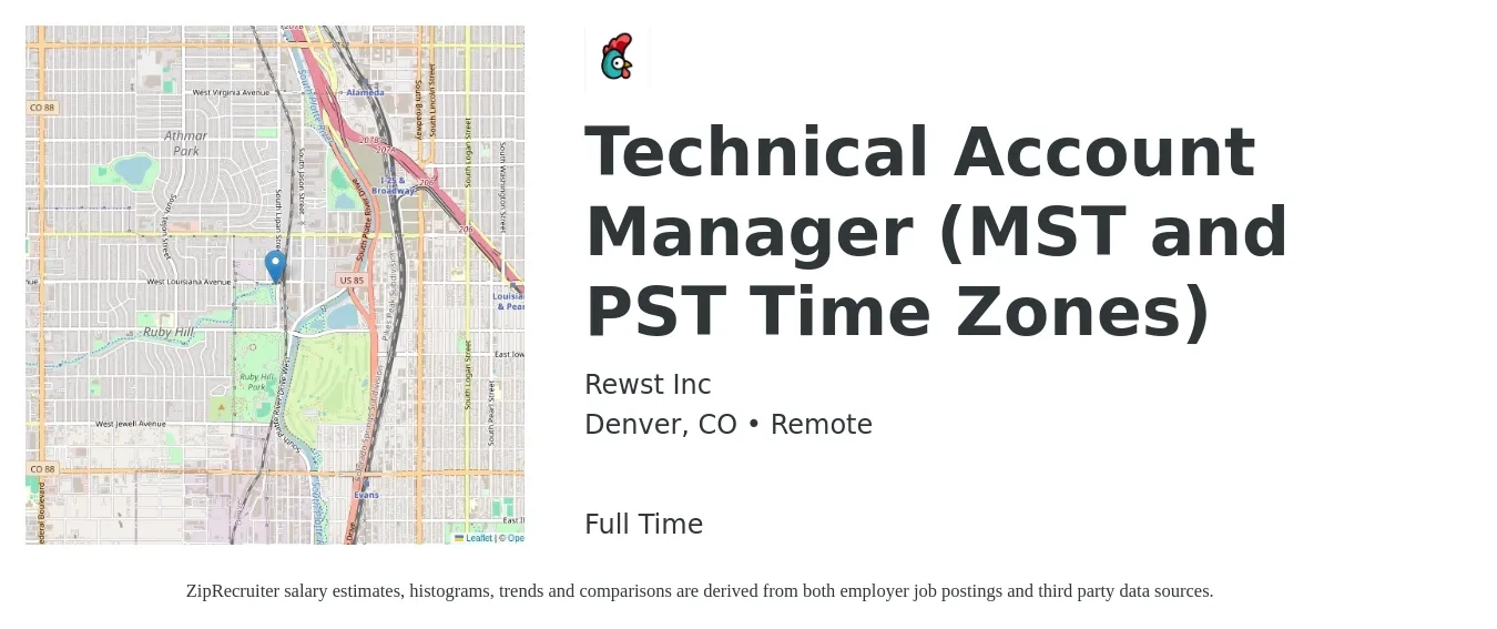 Rewst Inc job posting for a Technical Account Manager (MST and PST Time Zones) in Denver, CO with a salary of $63,800 to $103,400 Yearly with a map of Denver location.