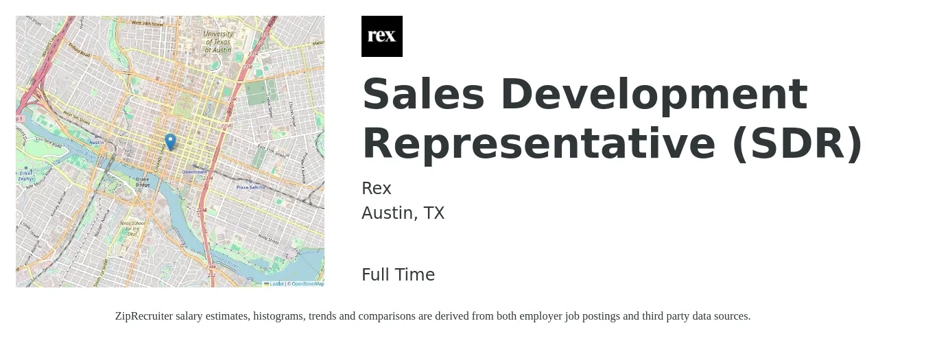 Rex job posting for a Sales Development Representative (SDR) in Austin, TX with a salary of $41,600 to $60,500 Yearly with a map of Austin location.