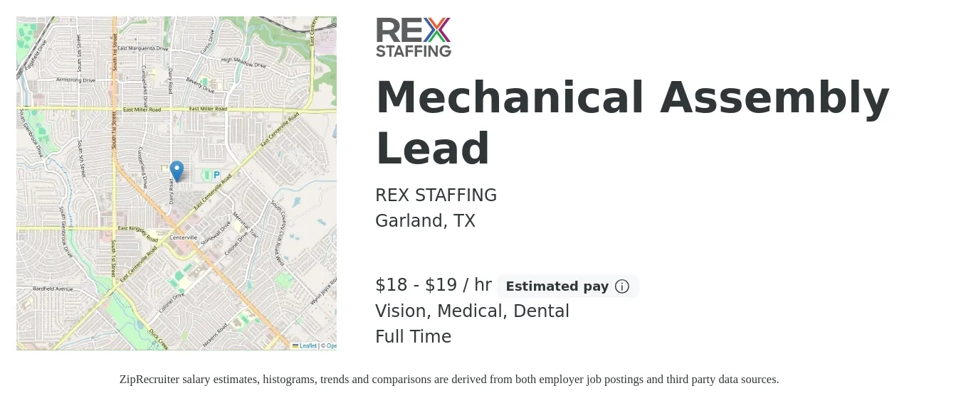 REX STAFFING job posting for a Mechanical Assembly Lead in Garland, TX with a salary of $19 to $20 Hourly and benefits including dental, medical, pto, and vision with a map of Garland location.