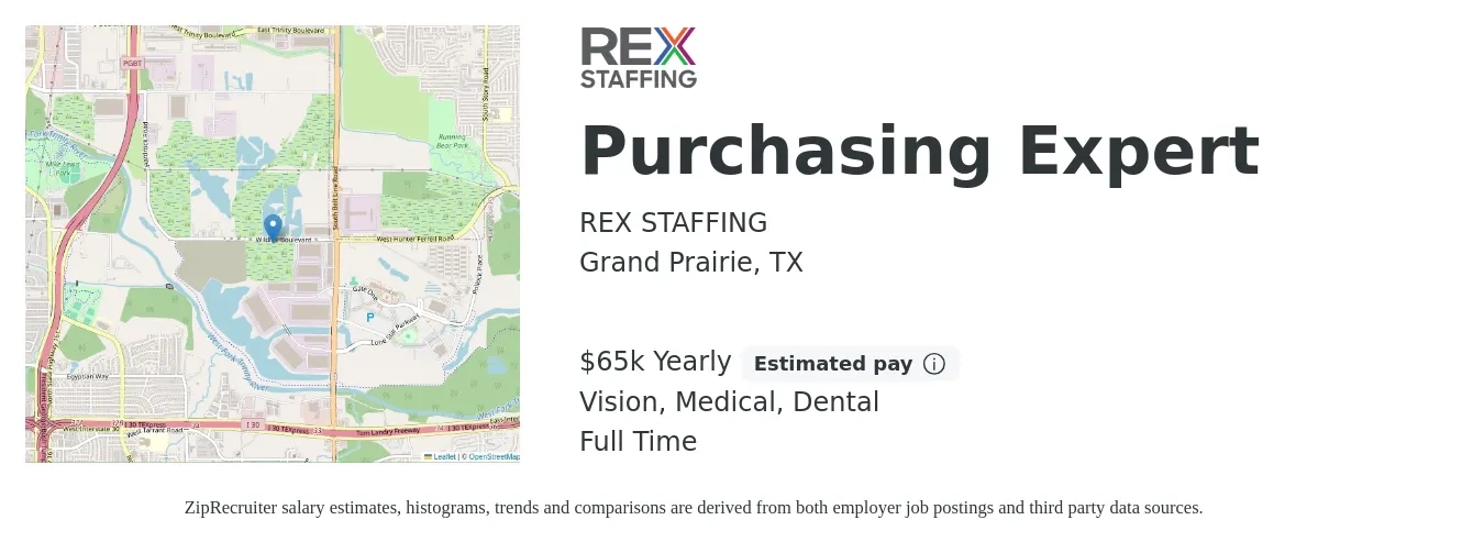 REX STAFFING job posting for a Purchasing Expert in Grand Prairie, TX with a salary of $65,000 Yearly and benefits including pto, vision, dental, and medical with a map of Grand Prairie location.