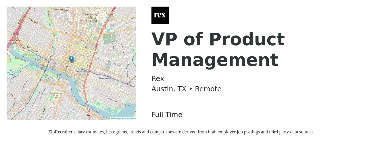 Rex job posting for a VP of Product Management in Austin, TX with a salary of $186,800 to $231,000 Yearly with a map of Austin location.