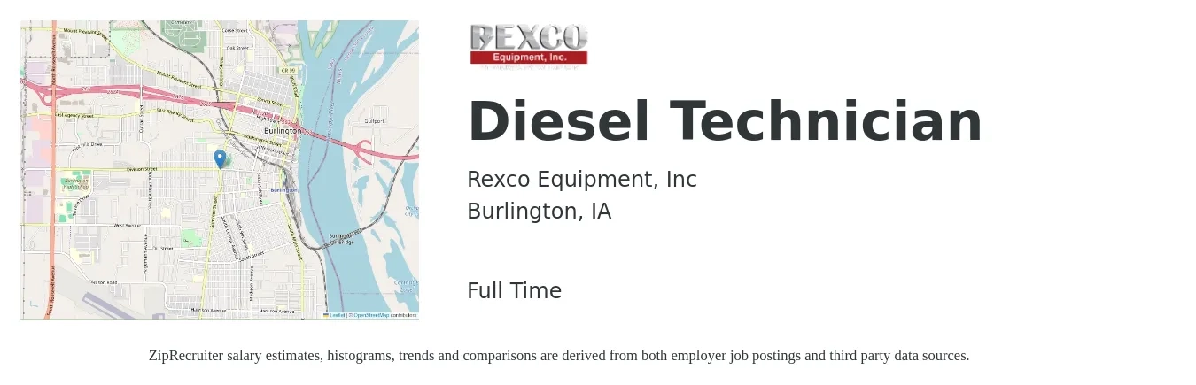 Rexco Equipment, Inc job posting for a Diesel Technician in Burlington, IA with a salary of $26 to $36 Hourly with a map of Burlington location.