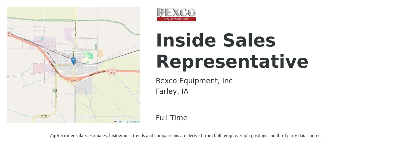 Rexco Equipment, Inc job posting for a Inside Sales Representative in Farley, IA with a salary of $36,100 to $54,000 Yearly with a map of Farley location.