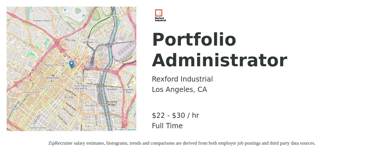 Rexford Industrial job posting for a Portfolio Administrator in Los Angeles, CA with a salary of $23 to $32 Hourly with a map of Los Angeles location.