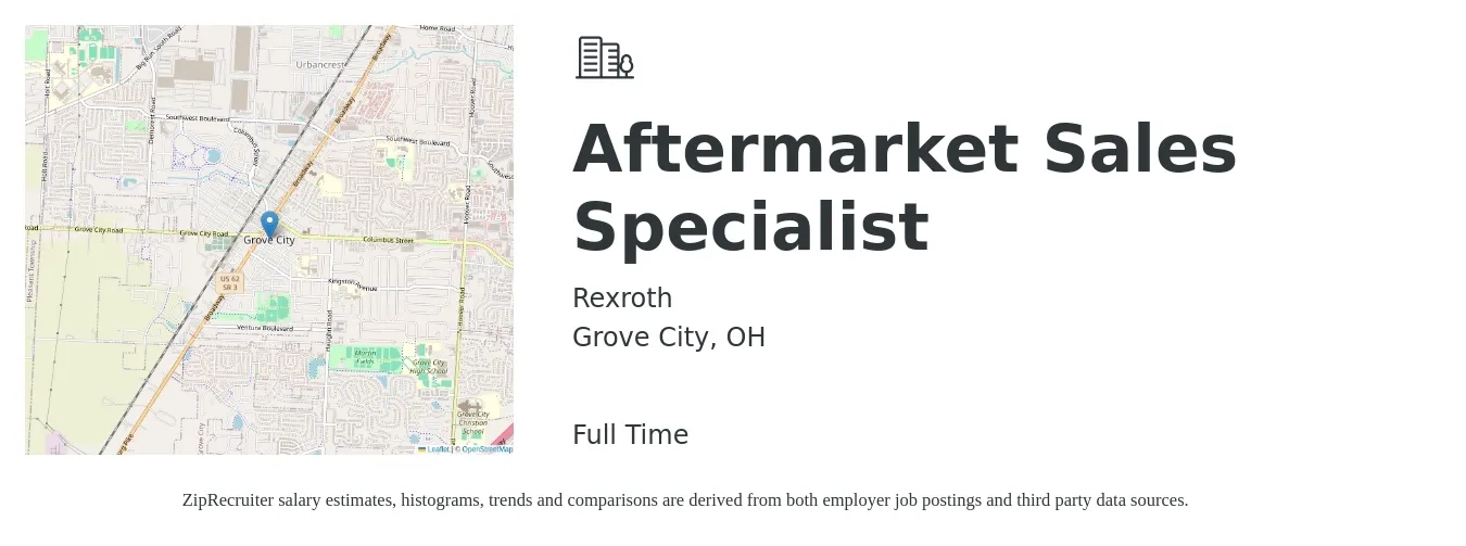Rexroth job posting for a Aftermarket Sales Specialist in Grove City, OH with a salary of $21 to $29 Hourly with a map of Grove City location.