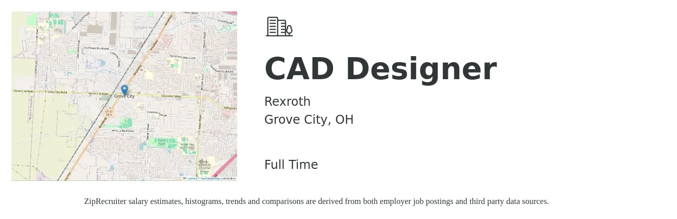 Rexroth job posting for a CAD Designer in Grove City, OH with a salary of $25 to $35 Hourly with a map of Grove City location.