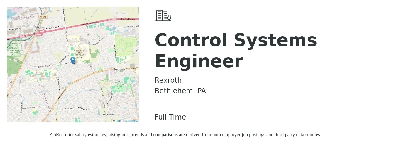 Rexroth job posting for a Control Systems Engineer in Bethlehem, PA with a salary of $83,000 to $125,000 Yearly with a map of Bethlehem location.