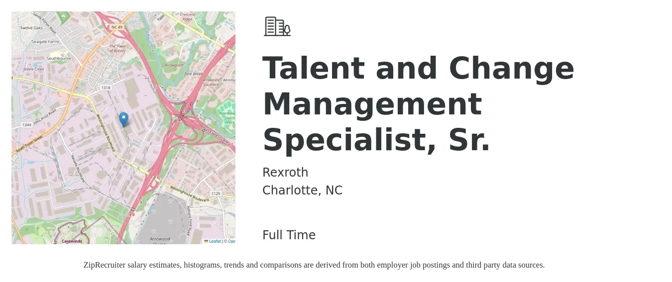 Rexroth job posting for a Talent and Change Management Specialist, Sr. in Charlotte, NC with a salary of $31 to $67 Hourly with a map of Charlotte location.