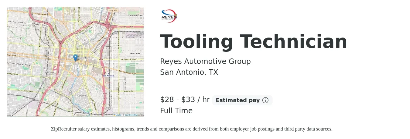 Reyes Automotive Group job posting for a Tooling Technician in San Antonio, TX with a salary of $30 to $35 Hourly with a map of San Antonio location.