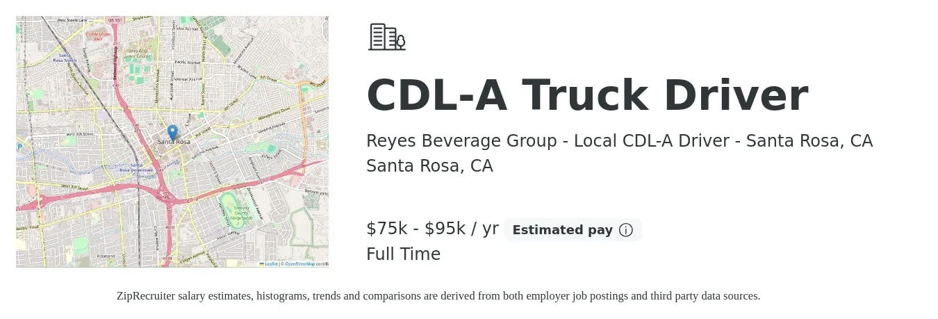 Reyes Beverage Group - Local CDL-A Driver - Santa Rosa, CA job posting for a CDL-A Truck Driver in Santa Rosa, CA with a salary of $70,000 to $100,000 Yearly with a map of Santa Rosa location.