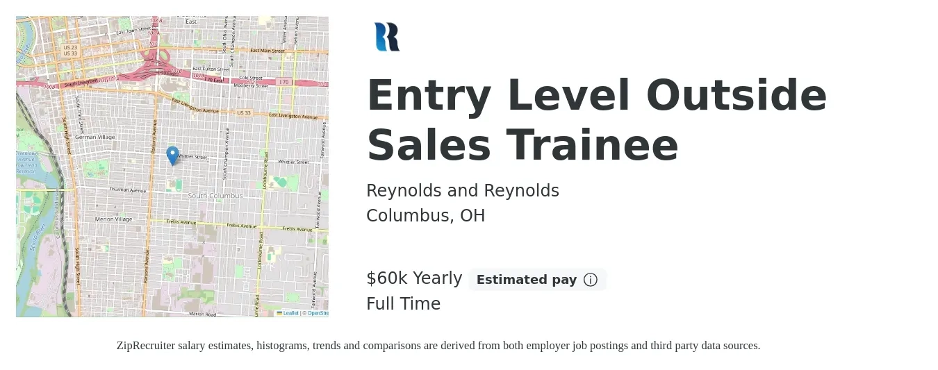 Reynolds and Reynolds job posting for a Entry Level Outside Sales Trainee in Columbus, OH with a salary of $60,000 Yearly with a map of Columbus location.